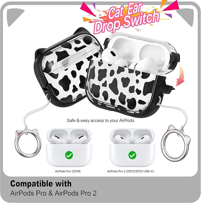 RFUNGUANGO AirPods Pro Case for Women Girly Cat Case with Lock, Phone Stand, Keychain & Cleaner Kit, Compatible with Apple Airpods Pro 2nd/1st Generation Case Cover, Transparent Leopard Print