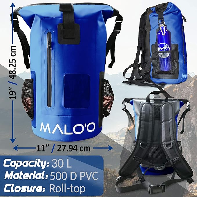 Malo?™o DryPack 30L Waterproof Backpack, Roll-Top Dry Bag Backpack with Padded Straps, Floating Design for Beach, Kayaking, Fishing, Boating, Travel, and Water Sports, Dark Blue