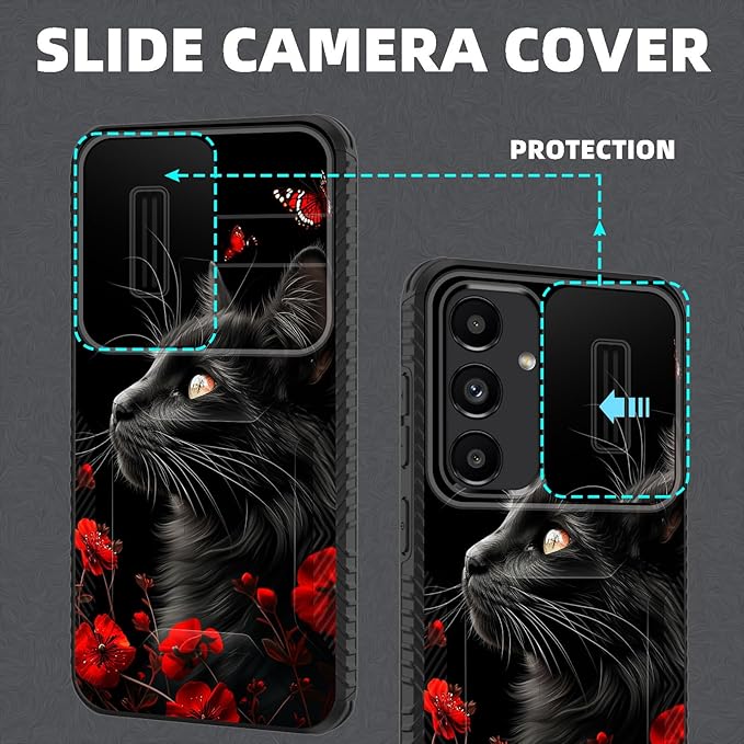 for Galaxy S25 FE Case Built in Slide Camera Lens Cover,Heavy Duty Shockproof Protection Dual Layer Case for Samsung Galaxy S25 FE 6.7" 2025,Black Cat Flowers and Butterflies