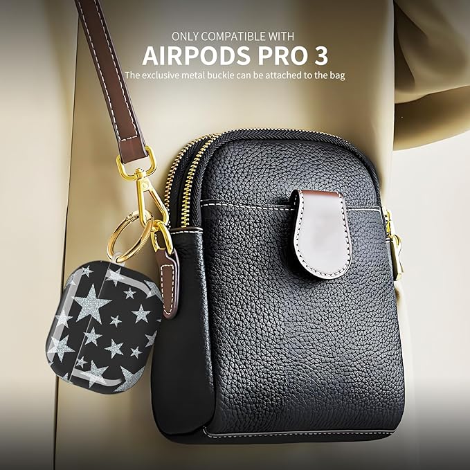 Compatible with AirPod Pro 3 (2025),Cute Case Cover for Women & Men, Full Protection Shockproof Hard Case with Keychain, Wireless Charging Case Accessories(White Stars)