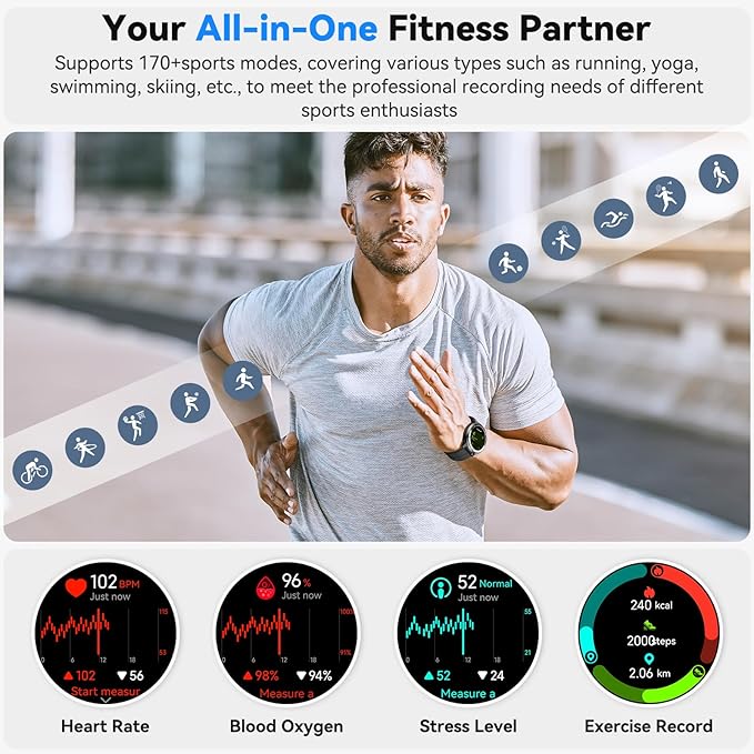 Smart Watch for Men, GPS Smartwatch Fitness Activity Tracker with Heart Rate/Sleep Monitor, Pedometer, Bluetooth Calls/Notifications, 170+ Exercise Modes, 5 ATM Water-Resistance (Black)