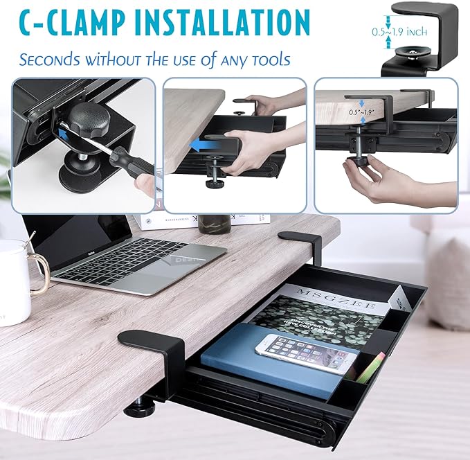 C-clamp installation on a desk with laptop and books, showing ease of use without tools.