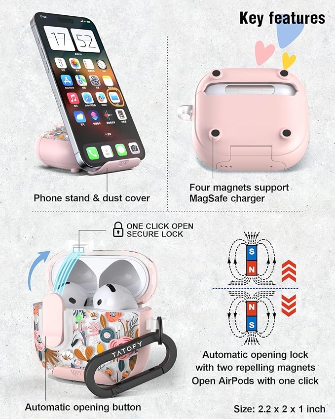 TATOFY for AirPods 4th Generation Case with Phone Stand Lanyard Lock Cleaning Kit, Compatible with Magsafe, Flowers Hard AirPod 4 Cover for Women (Salmon, AirPods 4th)