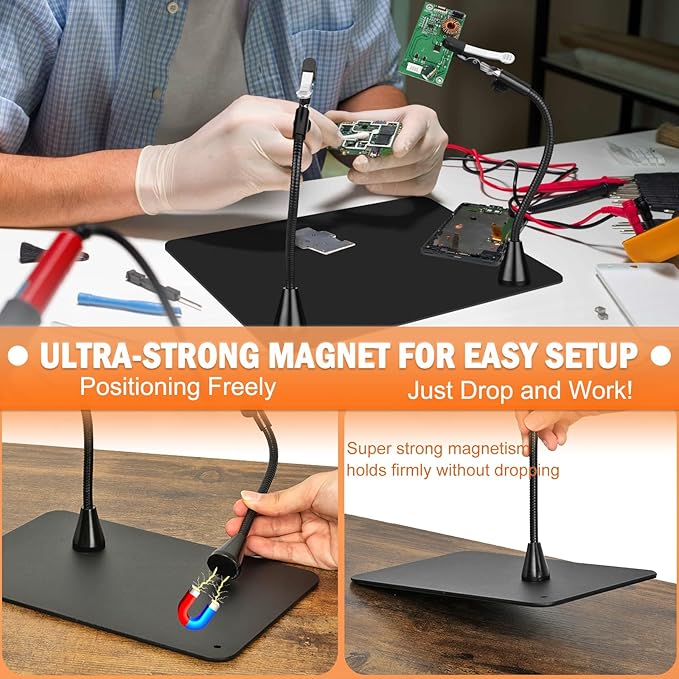Soldering Helping Hands 10X Magnifying Glass with light and Stand PCB Holder, Drdefi Soldering Station Third Hand Tools Magnifier with Thickening Alligator Clip Large Magnetic Base for Repairing