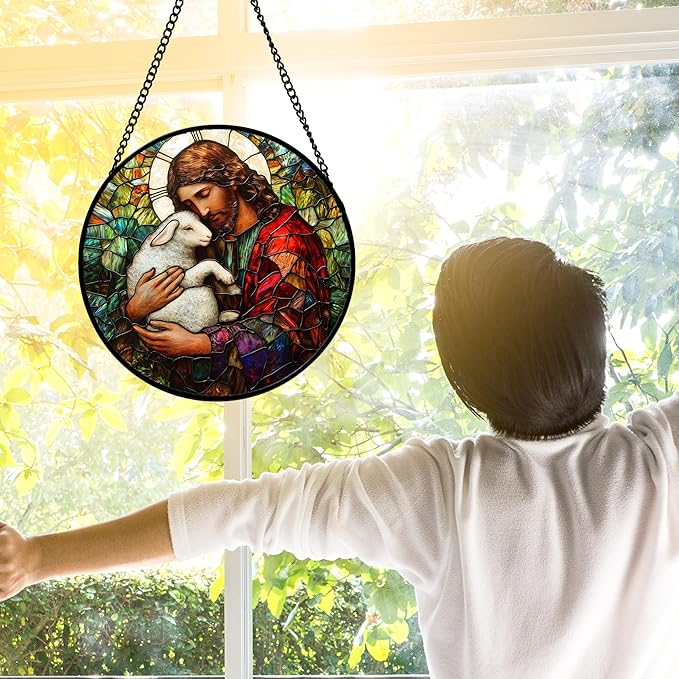 Stained Glass Window Hanging, Jesus Little Lamb Sun Catchers Colorful Glass Panel Christianity Suncatcher Decor for Birthday for Women, Men, Wife, Aunt, and Mom 11.8x11.8 in
