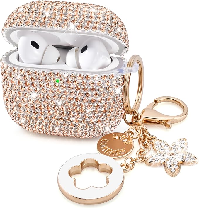 VISOOM Bling Case for Airpods Pro 2nd 1st Generation Case - Jewelry Cute Airpods Pro 1 2 Cases Cover with Glitter Keychain Women Crystal Fancy Case for iPods pro2 1 Wireless Charging Cases-Gold