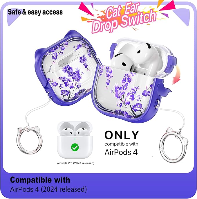 RFUNGUANGO AirPods 4 Case for Women Girly Cat Case with Lock, Phone Stand, Keychain & Cleaner Kit, Compatible with Apple Airpods 4th Generation Case Cover, Wisteria