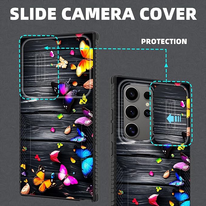 for Galaxy S24 Ultra Case Built in Slide Camera Lens Cover,Heavy Duty Shockproof Protection Dual Layer Case for Samsung Galaxy S24 Ultra 6.8" 2024,Colorful Butterflies on Wooden