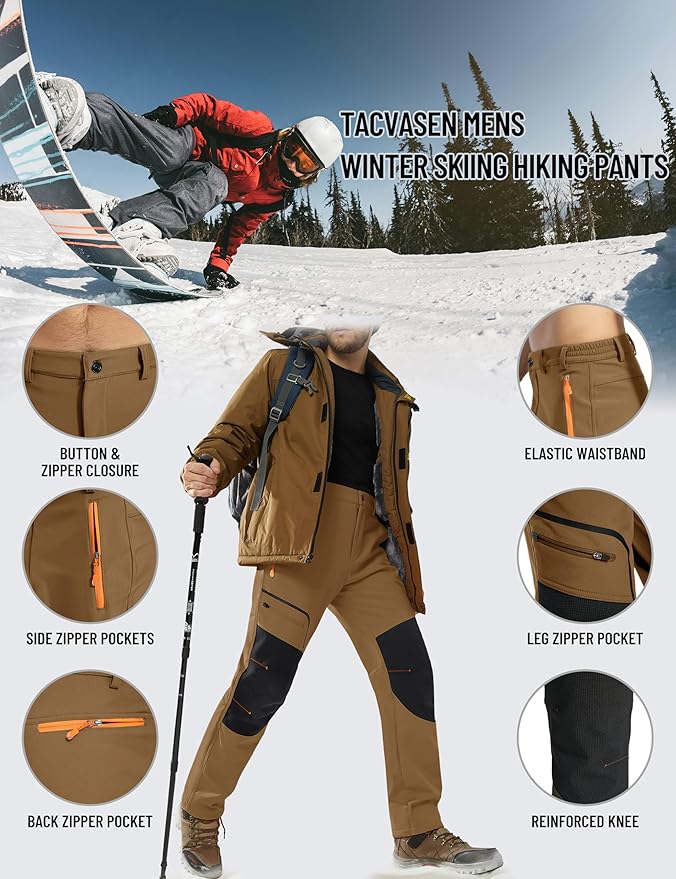 TACVASEN Men's Snow Ski Pants Fleece Lined Winter Pants for Men Water Resistant Thermal Snowboard Hiking Hunting Work