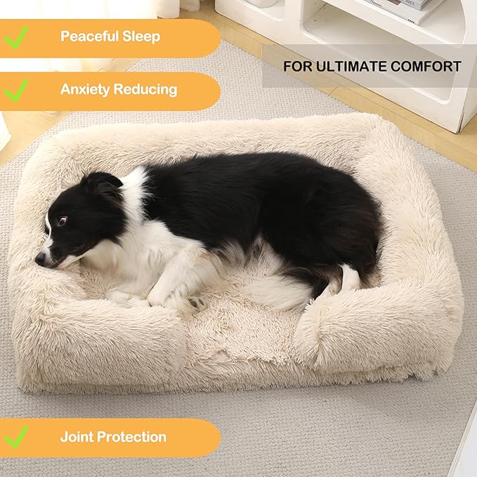 Orthopedic Dog Bed for XL Dogs - Washable Memory Foam Pet Sofa, Fluffy Plush Rectangular Bed, Waterproof Anti-Anxiety Couch, Light Gray, XL