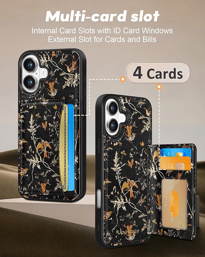 for iPhone 16 Wallet Case - Fits 4 Card Slots, Compatible with MagSafe for Women Aesthetic Durable PU Leather Credit Card Holder Kickstand Phone Cover for Apple 16, Yellow Bird