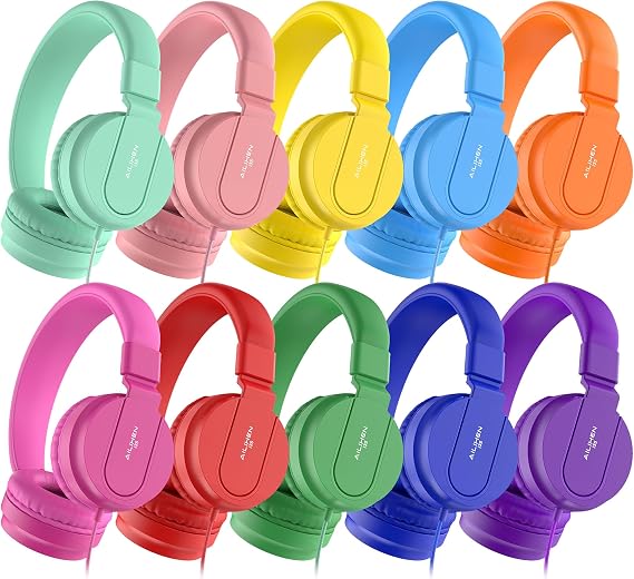 AILIHEN Classroom Headphones Kids Bulk 10-Pack with Mic, 93dB Safe Volume