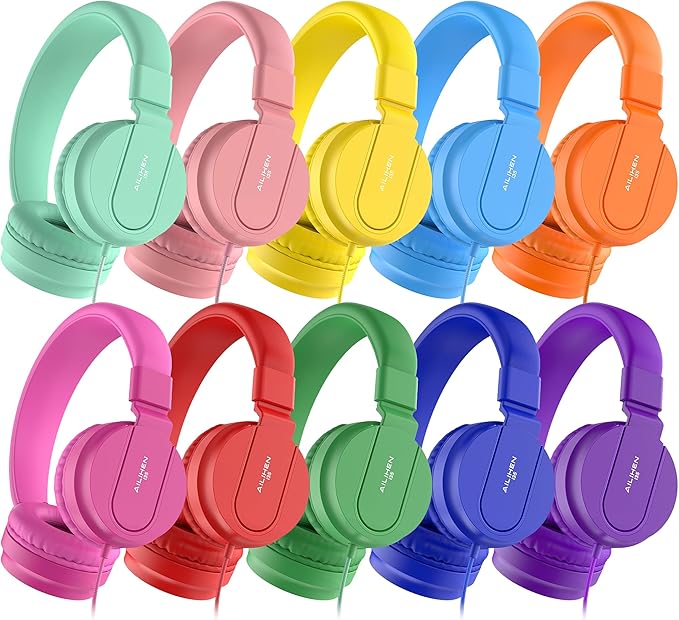 AILIHEN Classroom Headphones Kids Bulk 10-Pack with Mic, 93dB Safe Volume
