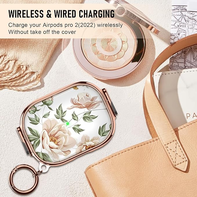 Maxjoy for Cute Airpods Pro 2 case with Safety Lock,Compatible Airpods Pro Case 2nd/1st Gen,Compatible Flesh Colored Rose Flower AirPods Case Cover for Women Girly with Keychain-Transparent