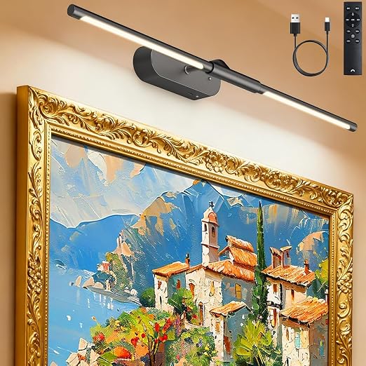 Glendan 24" Wireless Picture Light for Wall, Rechargeable Art Light with Remote, 8000mAh Battery Operated, 3 Color Modes & Brightness Levels, Memory Timer, for 16-30" Painting Frame Gallery