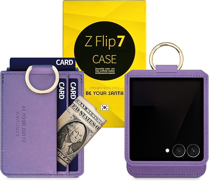 [BeYourSanta] Galaxy Z Flip 7 Case with Ring - Avant-Garde Handmade Saffiano Vegan Leather Case, Anti-Scratch Hinge Protection, Made in Korea (3 Pockets, Light Purple)