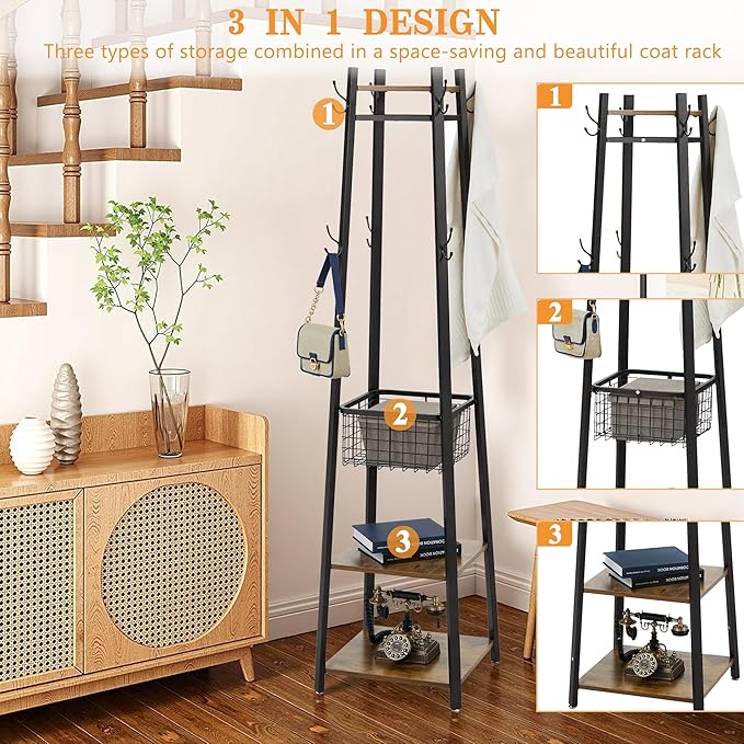 VECELO Coat Rack Freestanding, Entryway Clothes Stand with Metal Basket and 2 Shelves, Upgrade Hall Trees with 8 Dual Hooks for Bags, Hats, and Umbrellas, Industrial Styles, Vintage Brown+ Black