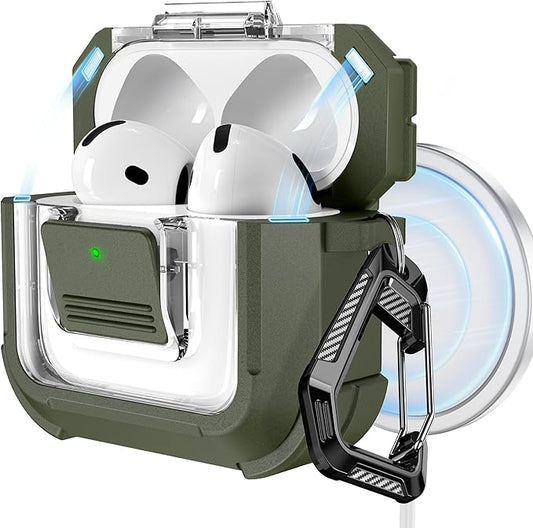 RFUNGUANGO for AirPods 4 Case, Compatible with AirPods 4th Generation Case (2024), Compatible with MagSafe, Magnetic Automatic Lock with Cleaner Kit and Keychain, Front LED Visible, Green