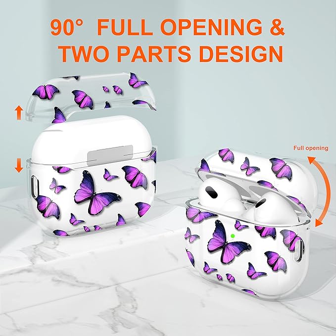 Maxjoy for AirPods Pro 2nd Generation Case, Clear AirPods Pro 2 Case for Women Men Cute Protective AirPod Pro 2 Cover with Keychain Strap for AirPod Pro 2nd Gen Cover 2023/2022, Purple Butterfly