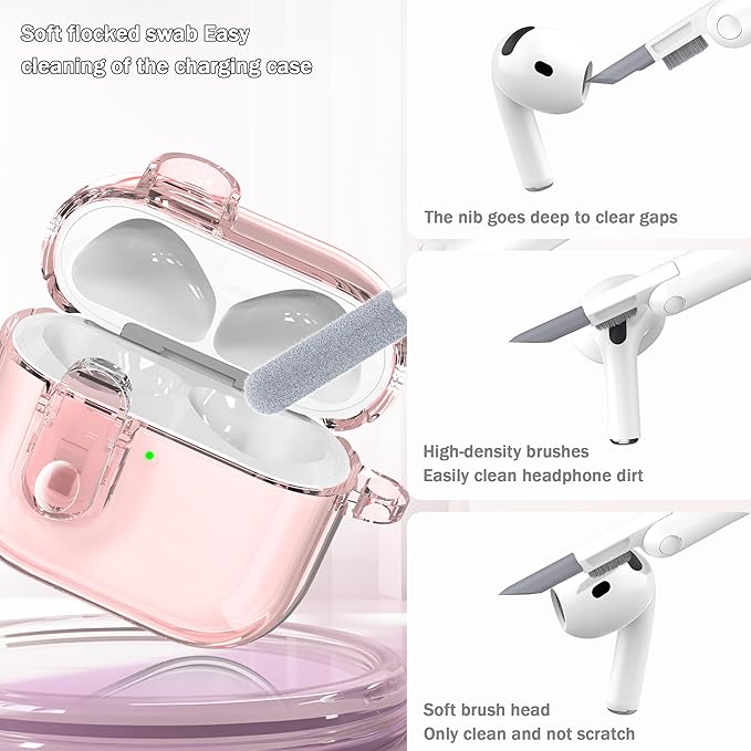 for AirPods 4th Generation Case Cover 2024, Military-Grade Shockproof, Soft TPU Highly Transparent Anti-Yellowing for AirPods 4 Case with Cleaning Kit & Cute Round Buckle, Crystal Pink