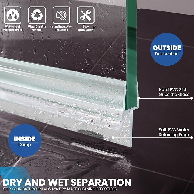 2 Pack Frameless Shower Door Bottom Seal with Long Sweep, Ultra Clear Glass Door Silicone Seal Strip (1/4'' X 36'') Suitable for 6mm Glass -Stop Shower Leaks Frameless Shower Door Seal Strip
