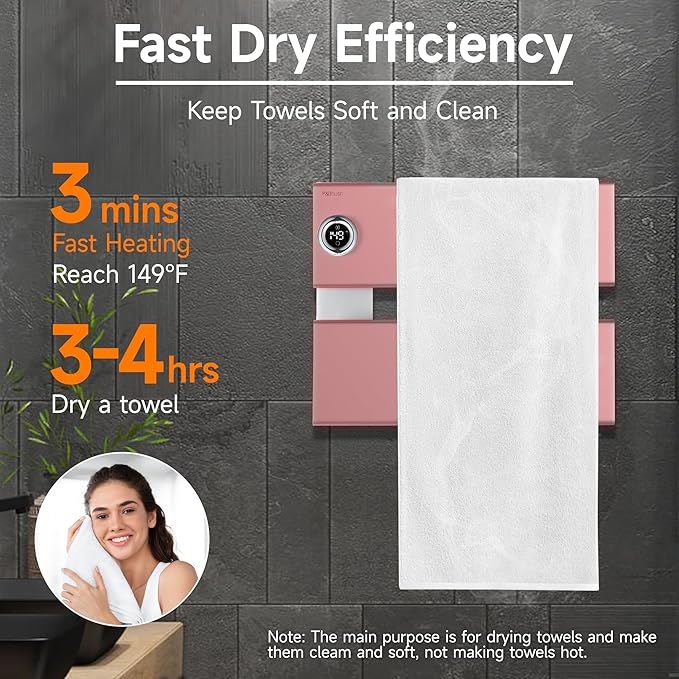 P&Bhusri Electric Heated Towel Rack, Silver Towel Warmer with Adjustable Temperature (98–149°F) and Timer (1-24h, On), Fast Heating and Drying for Bathroom, Memory & Remote Control Compatible