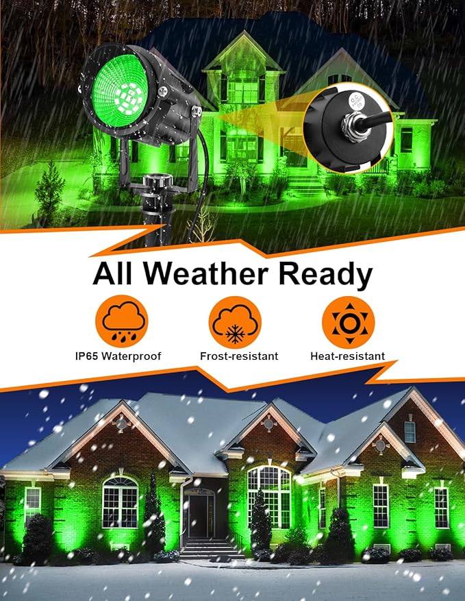 Christmas Green LED Spot Lights Outdoor, 14 LED Landscape Lighting with US Plug, IP65 Waterproof Spotlights for Tree Yard Garden Pathway Halloween St. Patrick's Day Flag Decor 2 Pack