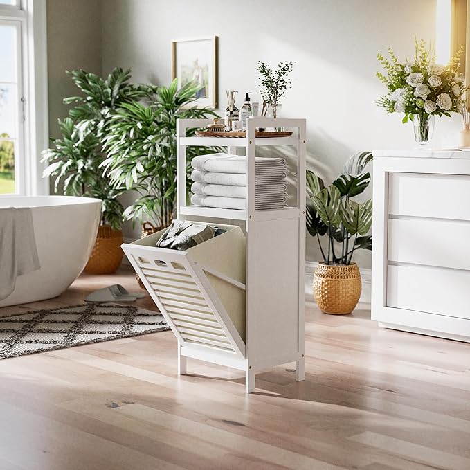 HITNET Bamboo Tilt Out Hamper, Bathroom Laundry Cabinet with Hidden Foldable Basket, Freestanding Clothes Storage Organizer with Storage Shelf, White