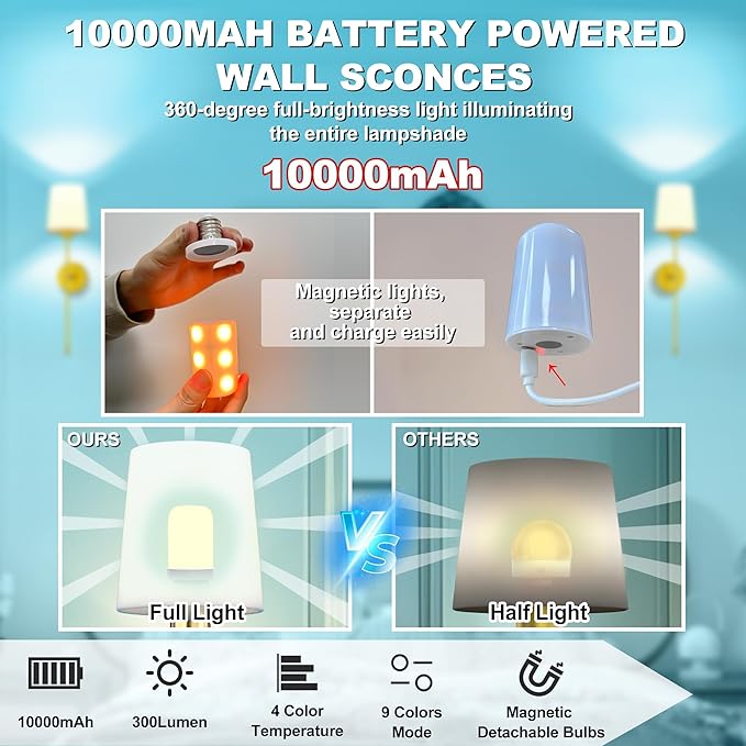 10000mAh Battery Operated Wall Sconces Set of Two, 28 Inches Long Wireless Sconces Set of 2 Wall Light with RGB Rechargeable Magnetic Bulb, Sconces Wall Decor Set of 2 for Bedroom Living Room, Gold