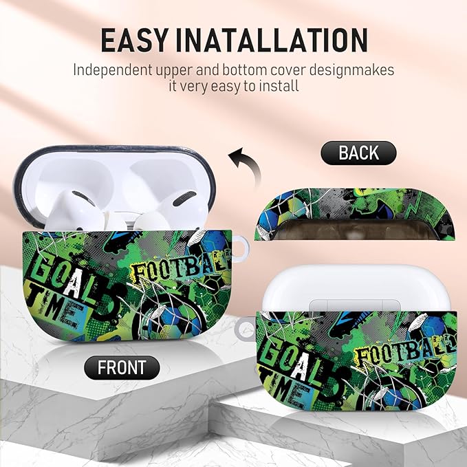 for Airpods Pro Case, Cute Cool Football Pattern TPU Soft Cases for Airpods Pro Case 1st Gen, Shockproof for Airpods Pro 2019 Case Men Women with Cleaner Kit & Keychain, Green