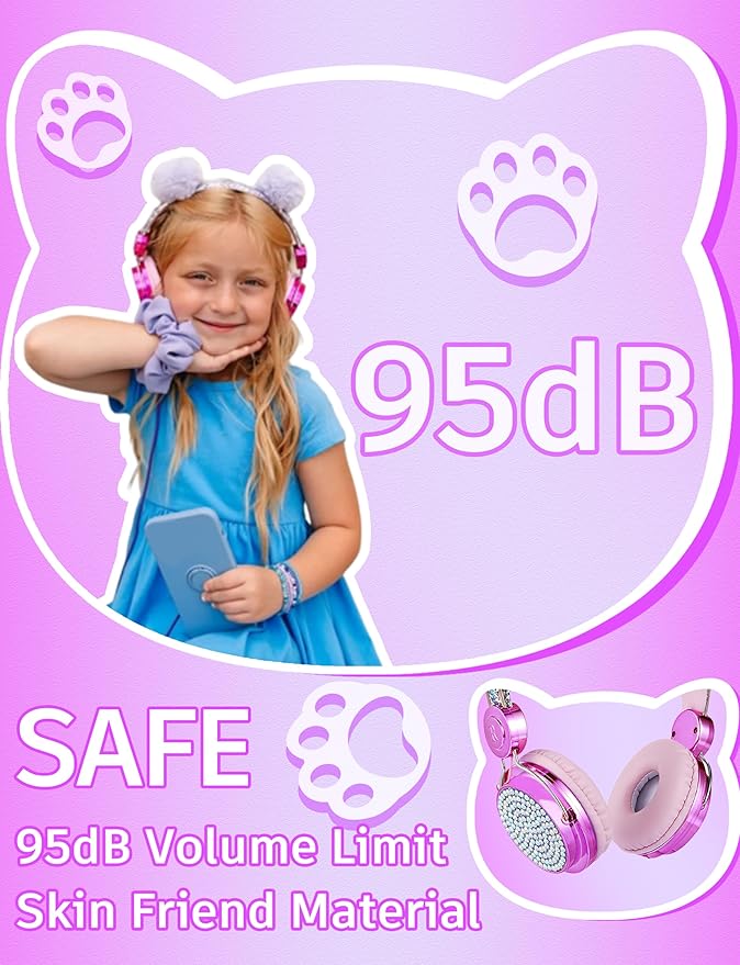 Kids Pom Headphones with Mic for Travel/Car/Plane,Added 85DB Limit Function&Shareport,Unicorns Gifts for Girls,On/Over Ear HD Stereo Wired Headsets with Nylon Cable-Hot-Purple