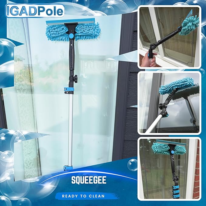 IGADPole Washing Kit: Water-fed Brush, Cobweb Duster and 10” Squeegee and Soap Dispenser, with 3-Stage Telescoping Pole 5-12ft Pole