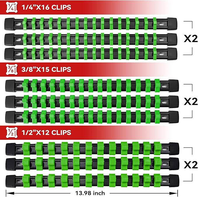 ALOANES 18PC ABS Socket Organizer, Socket Rails Fit 1/2 inch, 3/8 inch and 1/4 inch Drive, toHeavy Duty Socket Holders Hold up to 258 Sockets, Black Rails with Green Clips