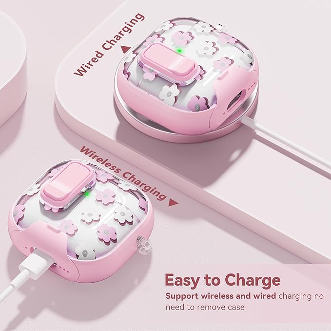 with Safety Lock for Apple AirPods 4 Case,Clear Floral Cute AirPod 4th Generation Case with Phone Stand & Cleaning Kit for Women Girly-Flower