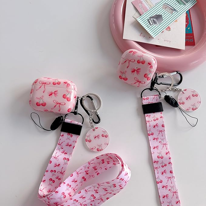 Cute Pink Ribbon Bow Cherry Design Air Pod Pro 3 Generation Case（2025） with Bow Cherry Lanyard Keychain，Unique IMD Process TPU Soft Pro 3 Case