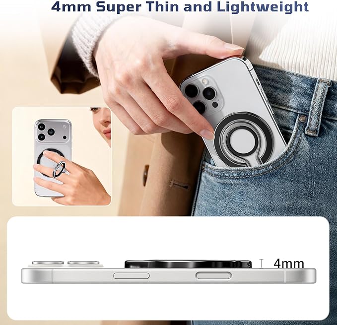 Slim Magnetic Phone Ring Holder for Magsafe, Lightweight Phone Finger Snap Grip Kickstand Accessories Compatible with iPhone Pixel, Portable Mini Phone Stand Works with Magnetic Car Mount