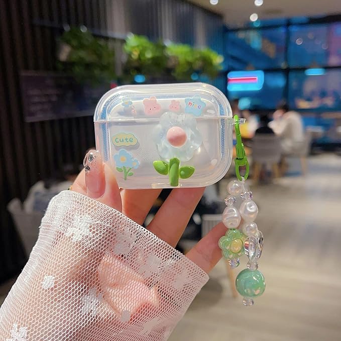 Cute Airpod Pro 2 / Airpod Pro Case 3D Flower with Keychain Clear Hard TPU Protective Cover Compatible with AirPods Pro 2nd/1st Generation Case for Girls Women (Floral Green)