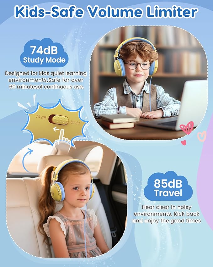 Kids Headphones, 74/85dB Safe Volume Limit, Stereo Sound, Wired On-Ear Headphones for Kids Boys Girls, 3.5mm Jack for Tablet, iPad, Kindle, YOTO Player, Airplane Travel, Yellow