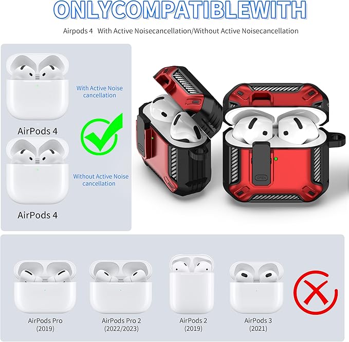 RFUNGUANGO for AirPods 4th Generation Case, Compatible with AirPods 4th Generation Case (2024), Locking Function, Military-Grade Drop Protection, with Cleaning Kit-Red