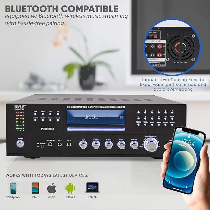 Pyle 4 Channel Bluetooth Home Amplifier - Front Loading DVD/CD Player - 3000W Peak Stereo Receiver - 2 Mic Inputs w/ Echo, FM Radio,Optical In,USB,RCA,Composite, LED Level Meter, Rack Mount - PD3000BA