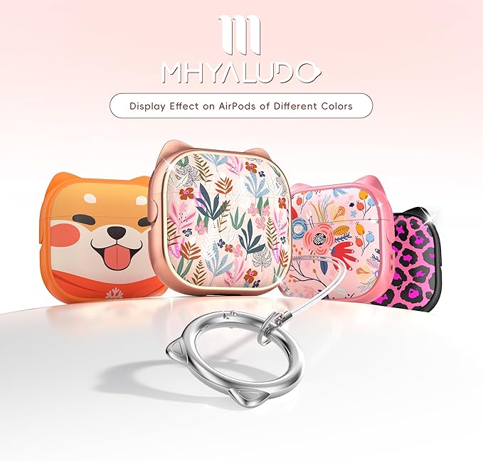 for AirPods 4 Case with Cleaning Kit, Cute Cat Ear Print Design & Cute Buckle, Inverted Phone Holder Design, Top Safe Lock Buckle Design, for Girls AirPods 4 case 2024, Rose Gold Leaves