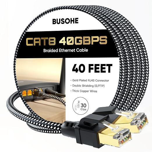 BUSOHE Cat 8 Ethernet Cable 40 FT, High Speed 40Gbps 2000MHz Braided S/FTP LAN Network Cable, Gold Plated RJ45 UV Resistant Heavy Duty Internet Cord for Gaming Router PC, 30 Cable Clips