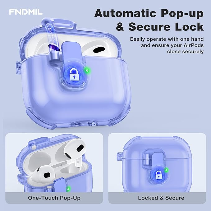Clear Case for AirPods 3 Case Cover with [Lock Safety & Pop Up][Military Shockproof] Anti-Yellow Transparent Soft TPU Wireless Charging for AirPods 3 Generation Case with Keychain,Clear Blue