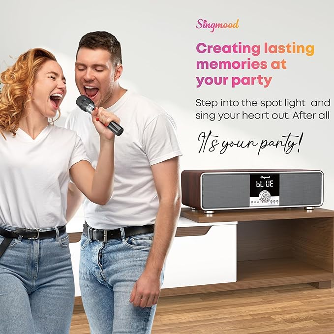 Karaoke Machine with 2 UHF Mic Subwoofer Home Theater Audio Sound Bar Support Optical/Bluetooth/AUX/USB/PC Wooden Karaoke Singing Machine for TV, Home, Karaoke, Singing Party, Christmas (S-73)