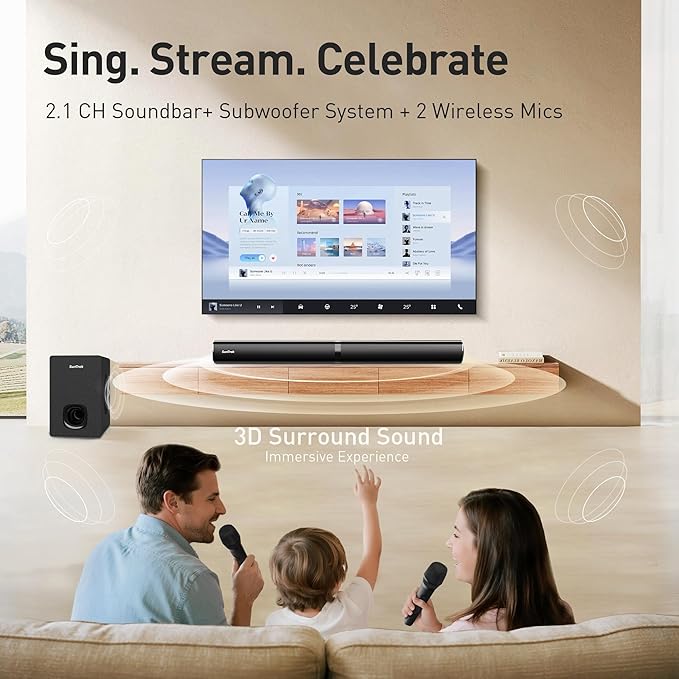 Karaoke Soundbar with Subwoofer for TV: Sound Bar with 2 Wireless Microphones - Home Theater Surround Sound System - Bluetooth Speaker with Remote Supports HDMI ARC/Optical/AUX/USB for TV/PC