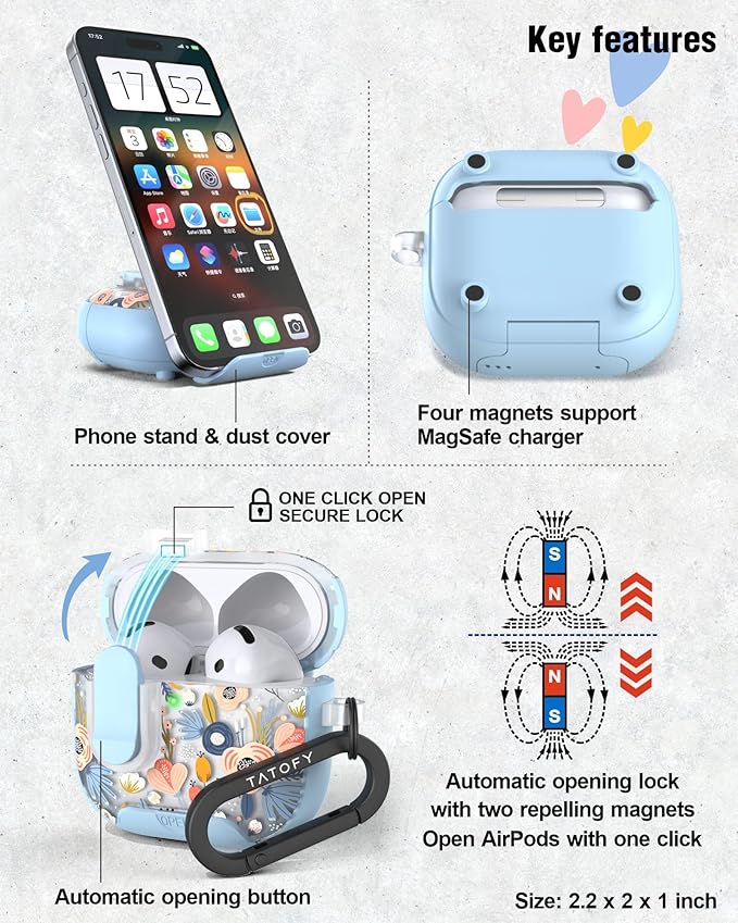 TATOFY for AirPods 4th Generation Case with Phone Stand Lanyard Lock Cleaning Kit, Compatible with Magsafe, Flowers Hard AirPod 4 Cover for Women (Blue, AirPods 4th)