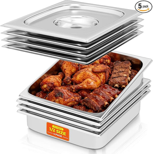 4 Pack Hotel Pans with Lids 1/2 Size 2.5" Deep, Stainless Steel Steam Table Pan with Lid, Commercial Metal Buffet Food Storage Container, Anti-Jam Design, for Restaurant, Kitchen, Party, Home