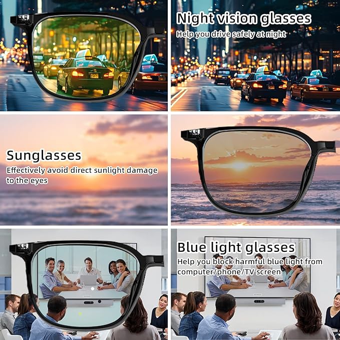 Smart Glasses - Open Ear Anti-Blue Light Bluetooth Audio Glasses for Men Women, Night Vision & UV Polarized Magnetic Lenses, Voice Assistant, Bluetooth Sunglasses for Working/Driving/Relaxing