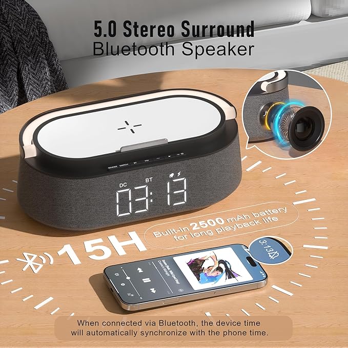 FREEFISH Bluetooth Speaker with Fast Wireless Charger,FM Radio,Touch LED Night Light,Phone Holder,Snooze,Portable Wireless Speaker for Bedrooms Office Home,Gifts (Black)
