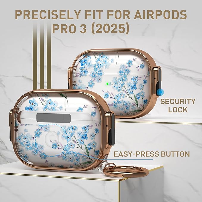 Maxjoy for AirPods Pro 3rd Generation Case with Lock, Clear AirPods Pro 3 Case Lock Protective Hard Flower AirPod Pro 3 Cover for Women Men with Keychain for Airpod Pro 3rd Gen Cover 2025, Blue